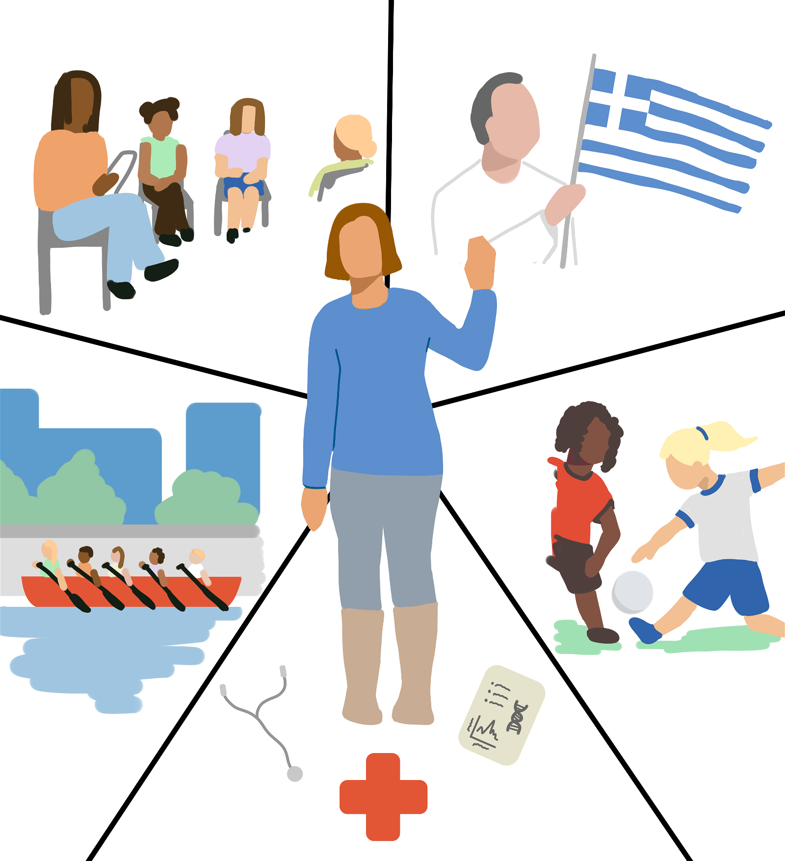 An illustration of a woman with a blue shirt and grey pants standing in the center of the image. Her hand is up as if waving. The illustration of the woman, as well as all other illustrations of people, does not include facial features.

Around the woman are five segments. Beginning at the top right and proceeding clockwise, the segments show a man holding the flag of Greece; two girls playing soccer together wearing different uniform colors; a stethoscope, a red cross, and a page with medical records; a team of five people rowing a red boat in an urban river; and a woman seated in a chair leading a discussion or class with three other women.