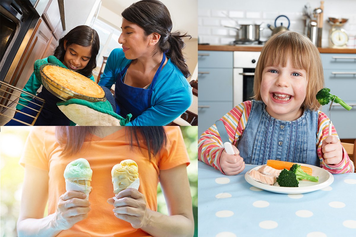 people smelling a pie, child eating broccoli, and two flavors of ice cream